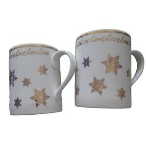 Russ Berrie Snowflake Love Cups Mug Gold Color Trim Christmas Holiday Set of Two